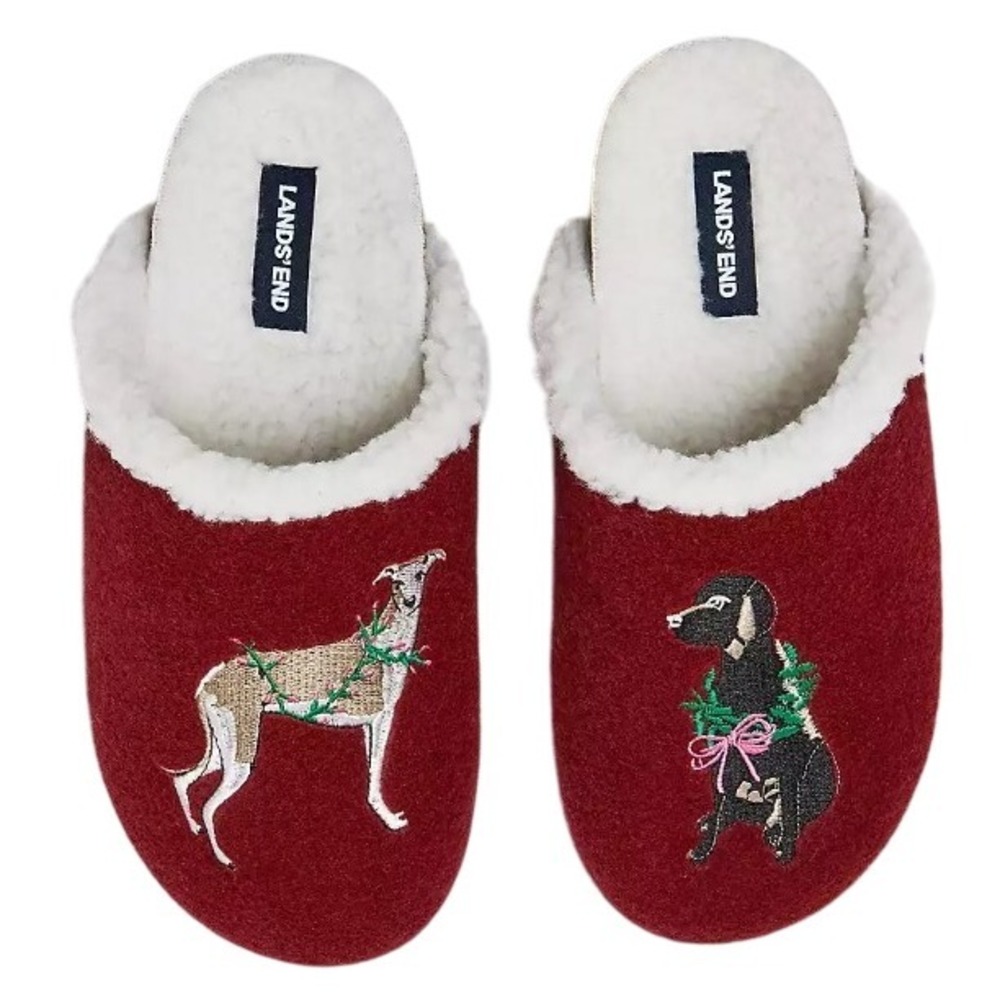 Lands End Womens 7 Burgundy Multi Dogs Sherpa Lined Felt Clog House Slippers‎